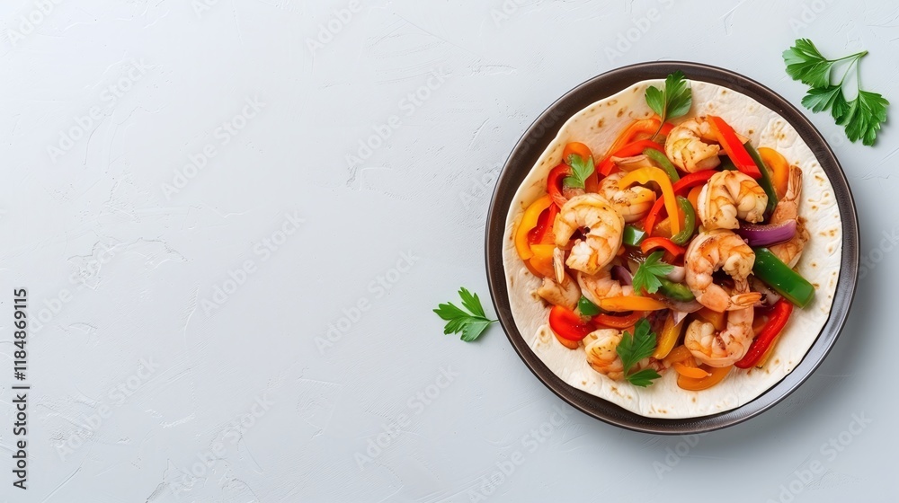 Grilled shrimp served with colorful bell peppers and fresh parsley on a tortilla, flat lay composition on a light background, copy space for text, perfect for Mexican cuisine or seafood themes.
Grilled shrimp served with colorful bell peppers and fresh parsley on a tortilla, flat lay composition on a light background, copy space for text, perfect for Mexican cuisine or seafood themes.
