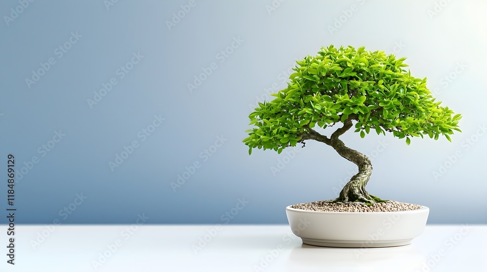 A small, vibrant bonsai tree in a white pot, set against a soft blue background, symbolizes nature and tranquility. A small, vibrant bonsai tree in a white pot, set against a soft blue background, symbolizes nature and tranquility.