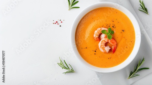 Bowl of creamy shrimp bisque garnished with shrimp and fresh herbs, placed on a white table, surrounded by rosemary sprigs, flat lay composition with copy space for text.


