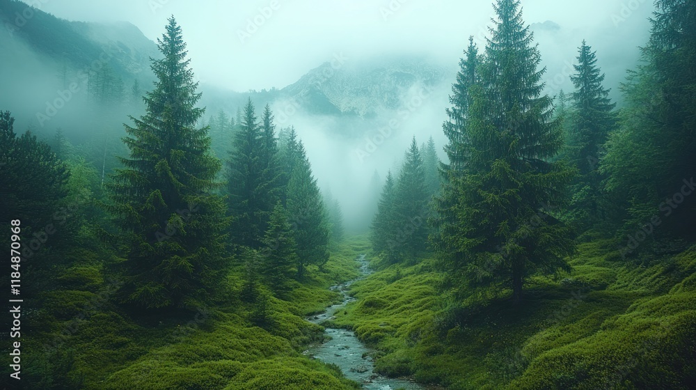 Misty mountain forest with stream. Misty mountain forest with stream.