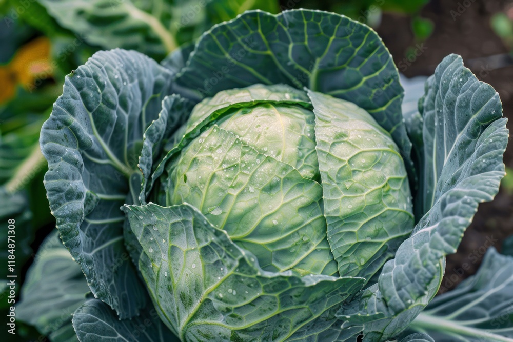 Fototapeta premium Close up of a vibrant green cabbage head growing in a vegetable garden, its leaves covered with glistening water droplets