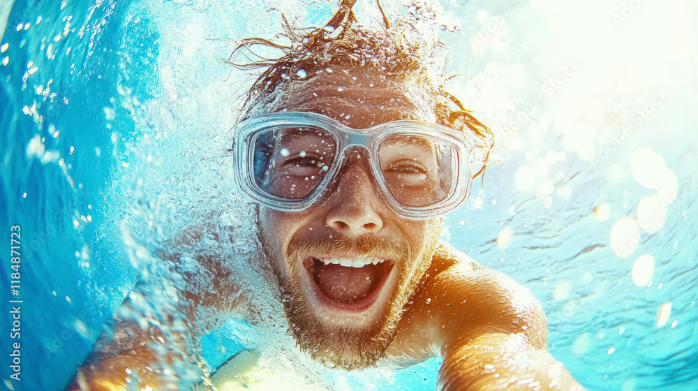 Naklejka premium Young Man Enjoying Water Adventure While Surfing in Clear Ocean Water Under Bright Sunlight