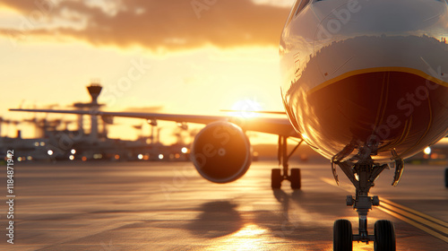 Airplane Preparing for Takeoff During Sunset at a Bustling Airport photo