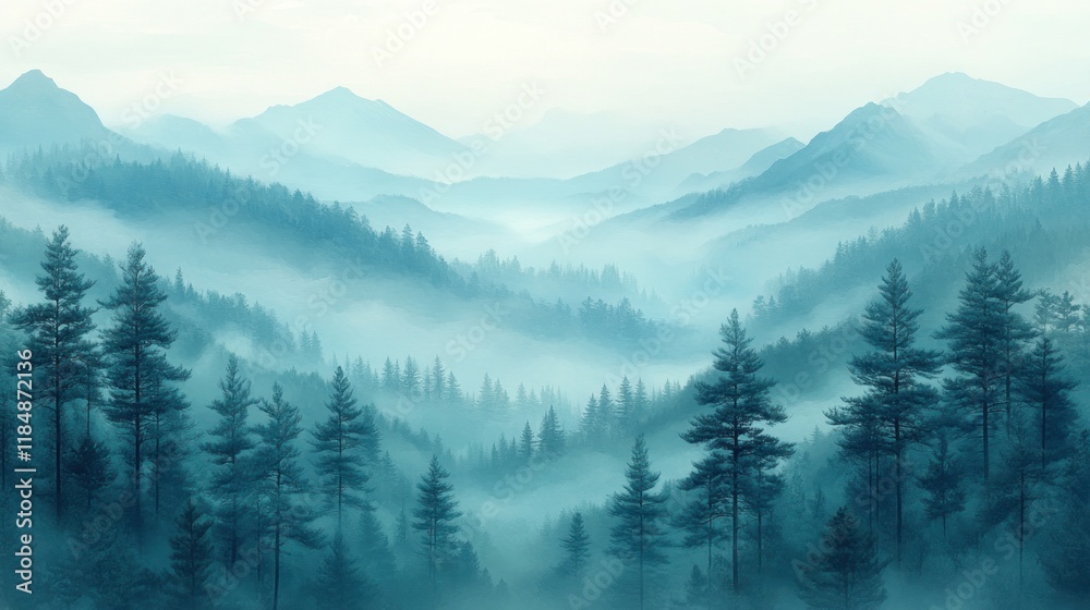 Obraz premium Misty mountain landscape with coniferous forest.