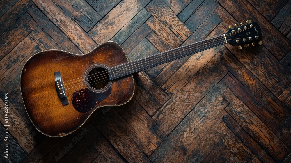 Fototapeta premium Vintage acoustic guitar on wood floor.