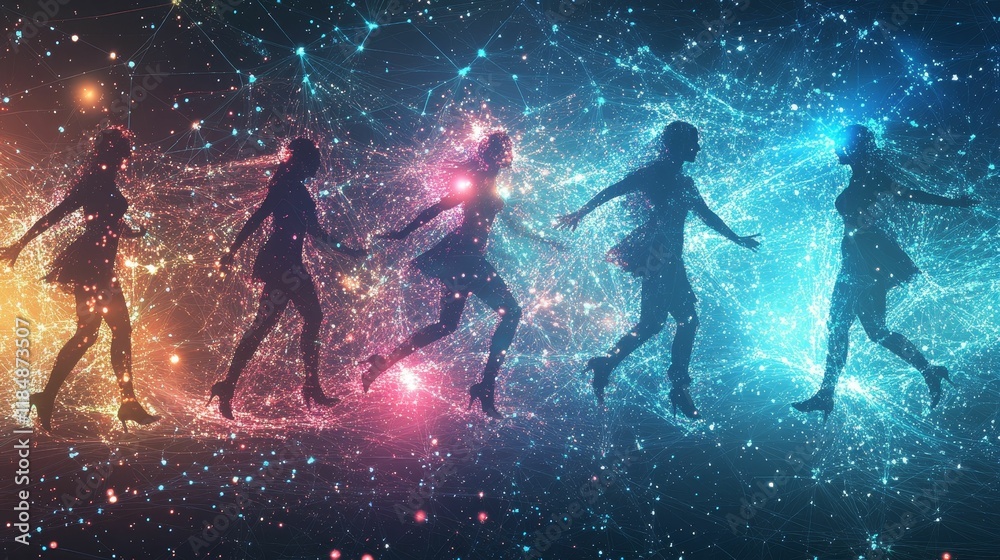 Silhouetted figures dance amidst glowing, interconnected lines.