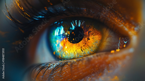 3D human multicolored iris and pupil animation with rainbow lines scattering from binary circle forming eye iris in digital rendering
