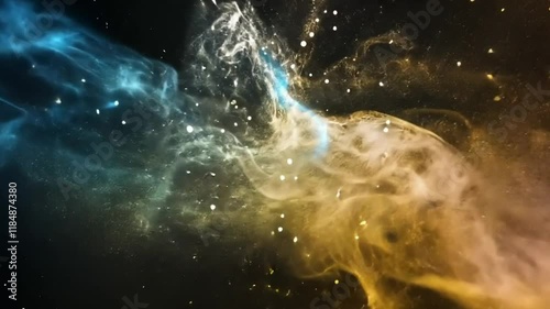 Yellow nebula turning blue with stars and smoke