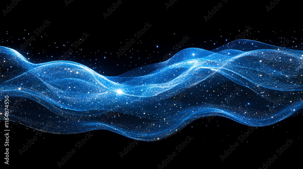 Flowing blue waves of light create a cosmic atmosphere with sparkling stars Flowing blue waves of light create a cosmic atmosphere with sparkling stars