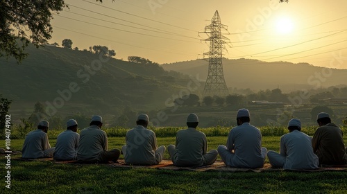 Men Performing Eid Prayers in Morning Sunlight