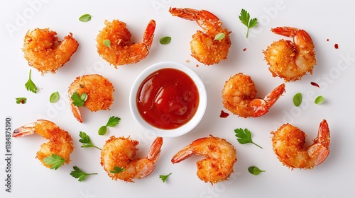 Crispy fried shrimp with parsley garnish and dipping sauce, arranged on a white background, flat lay composition with copy space, seafood appetizer and snack concept

