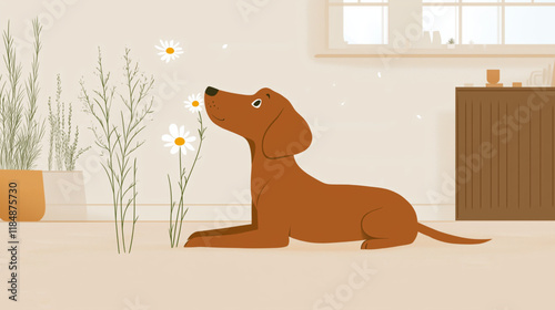 A charming vector design of a curious dog sniffing a flower, rendered with minimal lines and solid colors, perfect for logos, greeting cards, and simple illustrations.