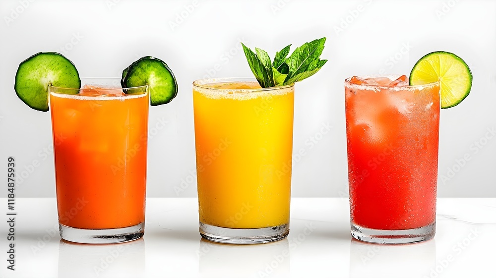 Three colorful cocktails in clear glasses, garnished with cucumber and mint, against a white background, perfect for summer refreshment. Three colorful cocktails in clear glasses, garnished with cucumber and mint, against a white background, perfect for summer refreshment.