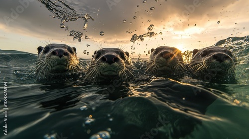 Otters Swimming Together in Clear Water with Bubbles