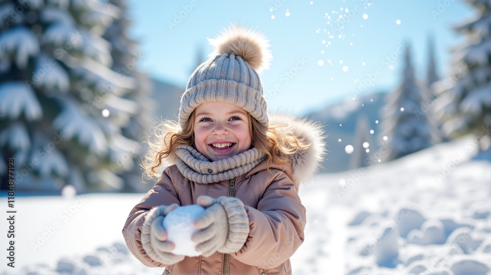 Happy child playing in winter snow with snowball in hand on a sunny day in a snowy landscape Happy child playing in winter snow with snowball in hand on a sunny day in a snowy landscape