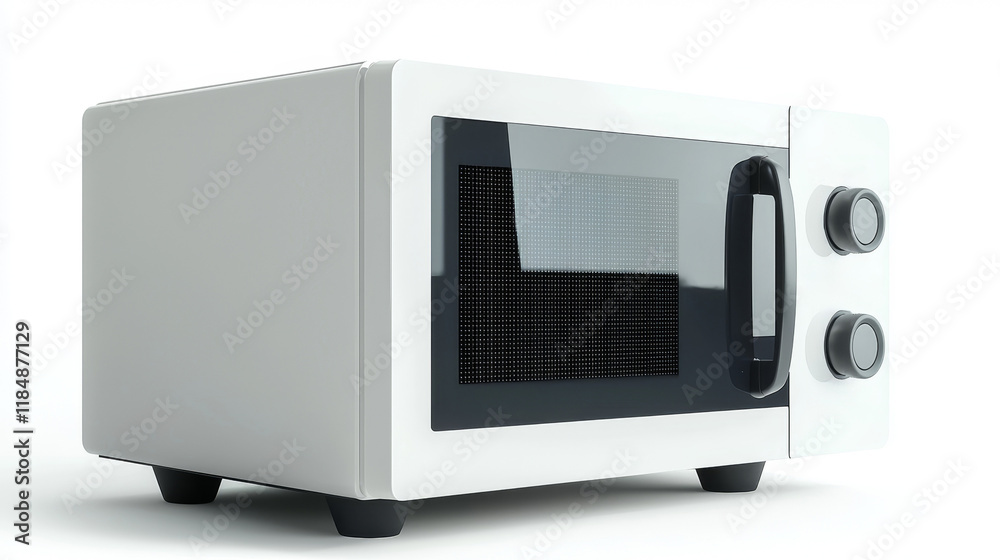 Fototapeta premium White microwave oven with black control knobs and door.