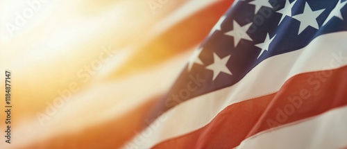 Fototapeta Naklejka Na Ścianę i Meble -  Full frame Flying US Flag at sunset  banner