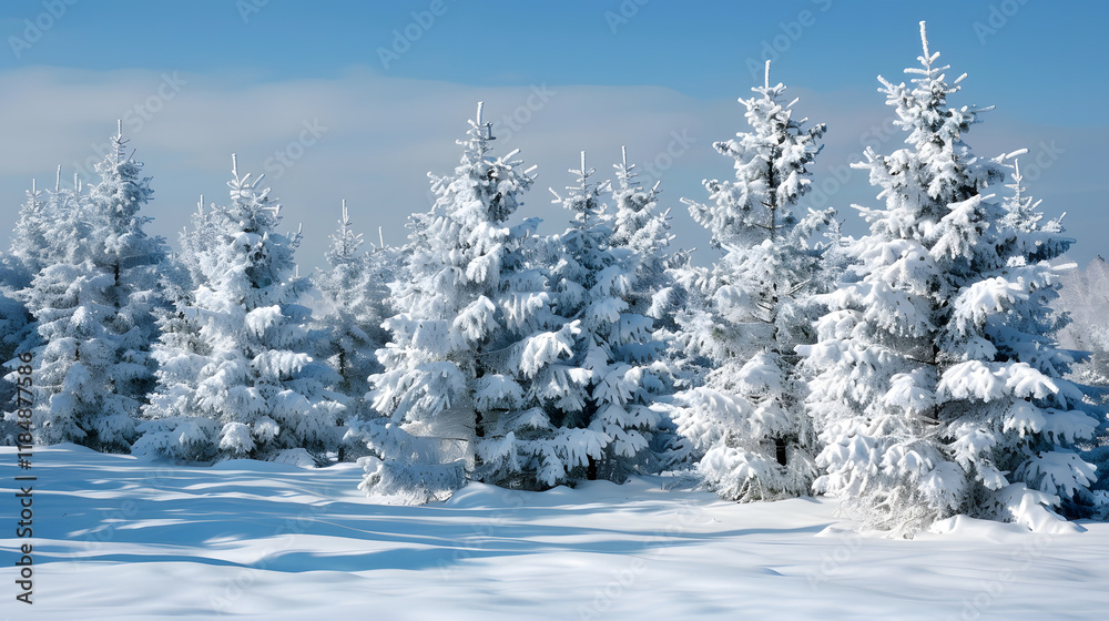 The serene winter setting features snowcovered evergreen trees under a clear blue sky, creating an ideal holiday ambiance. It perfectly captures the essence and beauty of the season The serene winter setting features snowcovered evergreen trees under a clear blue sky, creating an ideal holiday ambiance. It perfectly captures the essence and beauty of the season