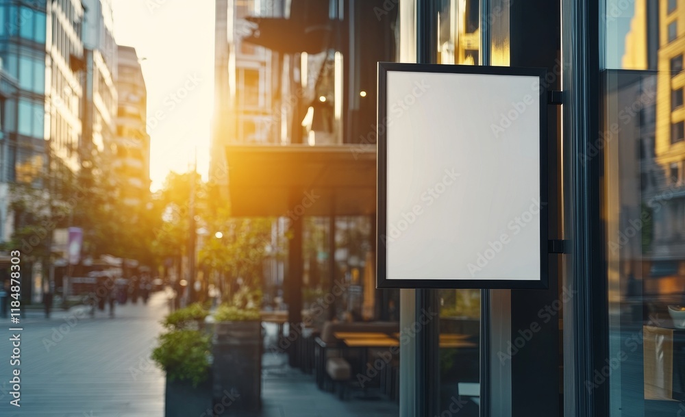 Blank White Square Sign on Glass Door of Industrial Building with Coffee Shop Inside Blank White Square Sign on Glass Door of Industrial Building with Coffee Shop Inside