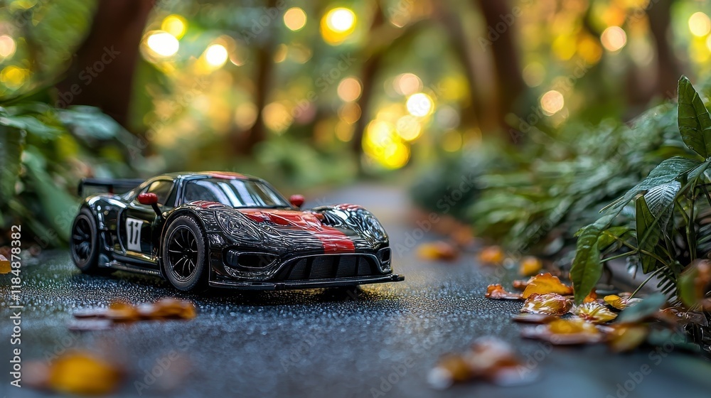 Miniature sports car on autumnal path. Miniature sports car on autumnal path.