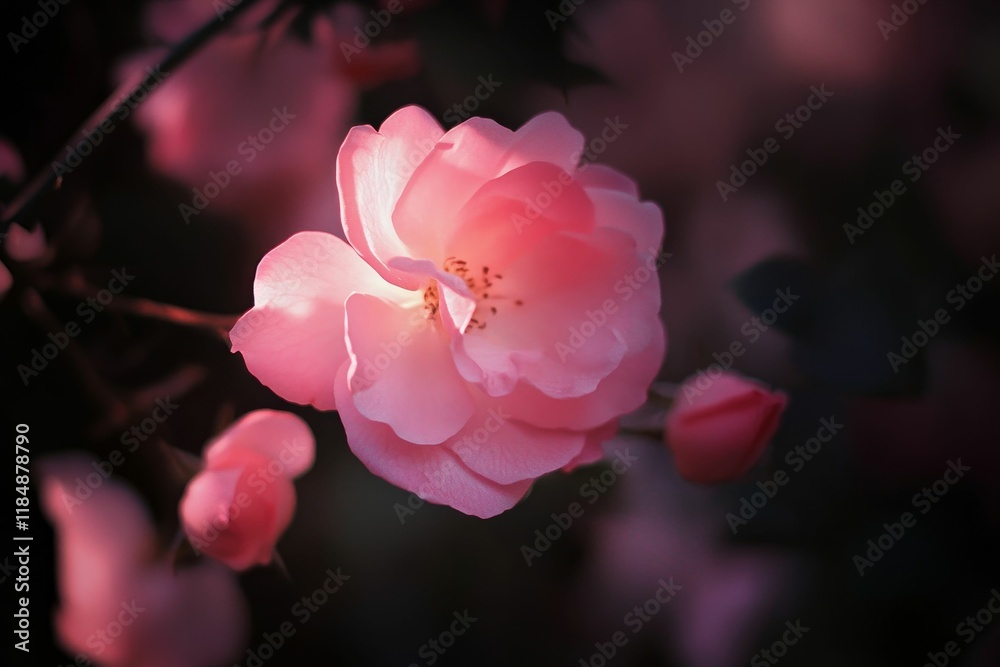 Pink flower blossoms, softly lit, blurred background. Pink flower blossoms, softly lit, blurred background.