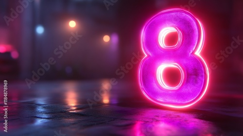 Neon pink glowing number 8 on a wet urban street at night, perfect for Women’s Day, birthdays, anniversaries, or party-themed promotions