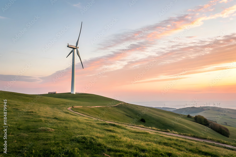 Fototapeta premium Wind Turbine on a Gentle Hill at Sunrise