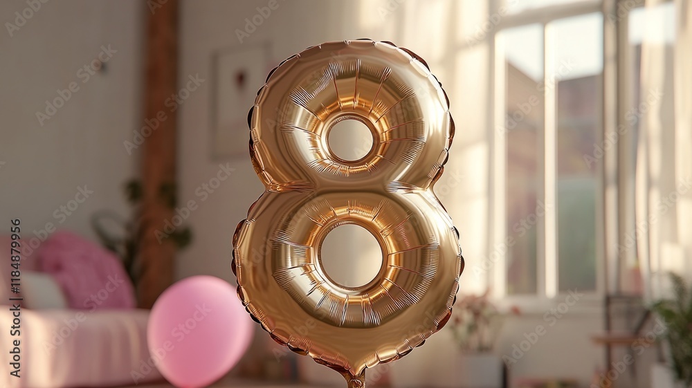 Fototapeta premium Gold Foil Number 8 Balloon in a Cozy Home Setting for Celebrations and Events