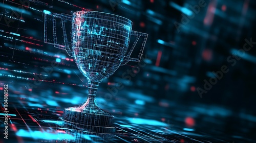 A trophy cup with a high-tech, futuristic design, glowing against a dark digital matrix backdrop 