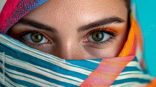 Close-up portrait of a woman with vibrant green eyes and colorful headscarf highlighting unique facial features and expressions