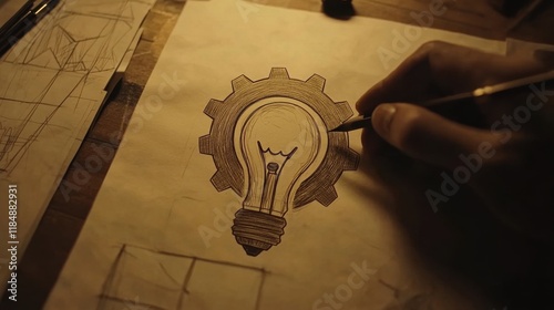Gear and Lightbulb Drawing in Creative Workspace