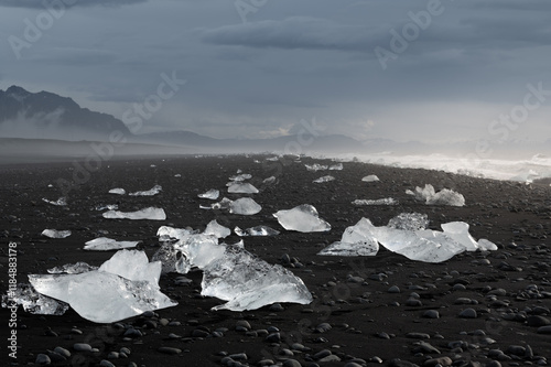 Diamond beach stretching toward the mountains