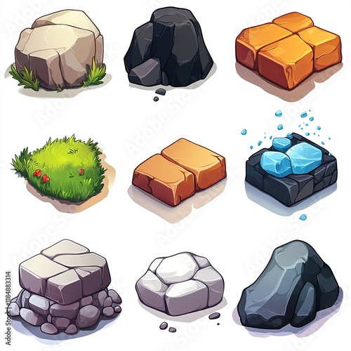 Colorful game asset bundle featuring rocks, grass, and ice blocks for mobile or casual games with cartoon-style visuals