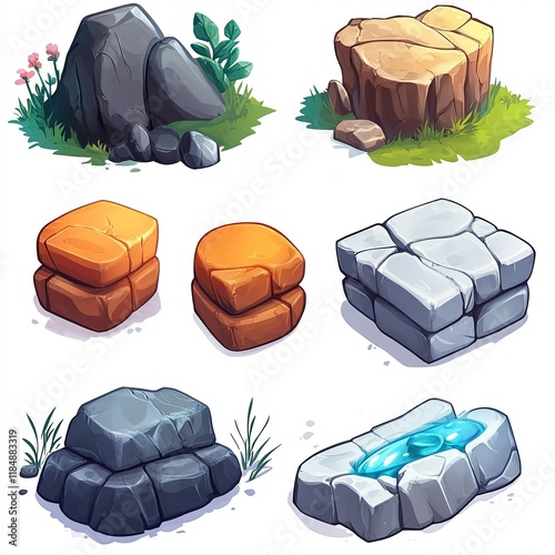 Cartoon stone set with colorful variations, natural elements, polished details, and grassy backgrounds for game or design templates