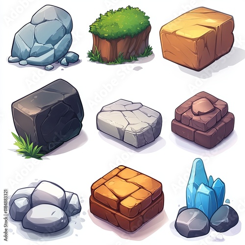 Colorful cartoon game asset set featuring various rocks, stones, crystals, and grassy terrain in a stylized design
