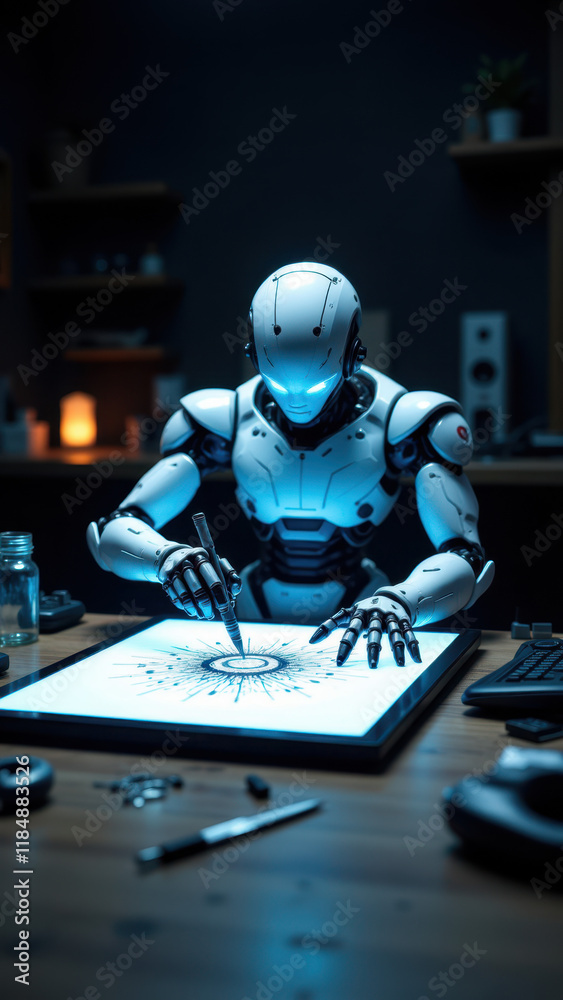 Robot working on intricate design at desk with tools. Robot working on intricate design at desk with tools.