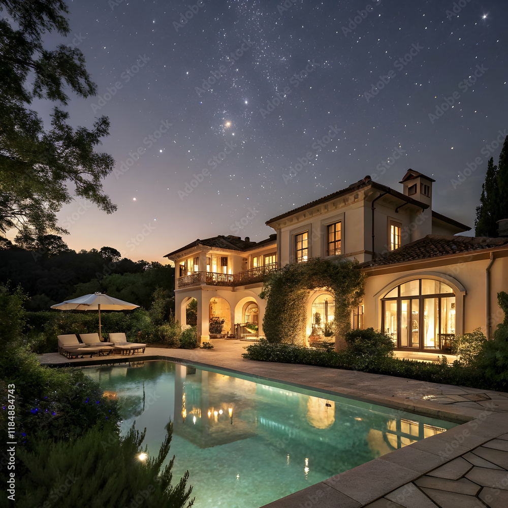 a large elegant villa with a pool sits under a large elegant villa with a pool sits under