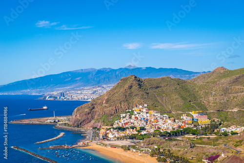 Town of San Andres on Playa de Las Teresitas with Santa Cruz and El Teide in the background, Tenerife, Canary Island, Spain