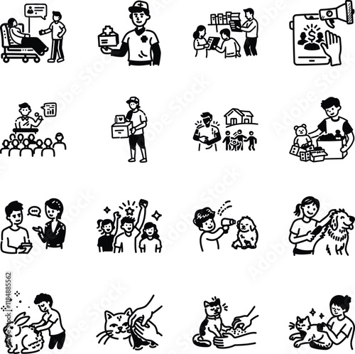  Hand Drawn Volunteering and Pet Grooming Icons 

