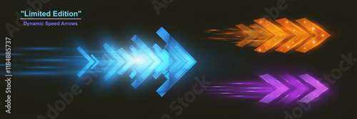 Light and speed dynamic glowing arrows on dark background, futuristic design with vibrant colors and motion effects, suitable for technology, progress, or direction concepts.	