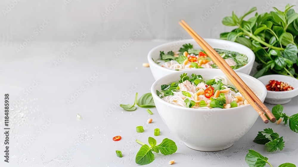 Vietnamese pho soup served in white bowls, garnished with fresh herbs, bean sprouts, chili peppers, and lime wedges, chopsticks resting on bowl, minimalistic Asian food composition
Vietnamese pho soup served in white bowls, garnished with fresh herbs, bean sprouts, chili peppers, and lime wedges, chopsticks resting on bowl, minimalistic Asian food composition