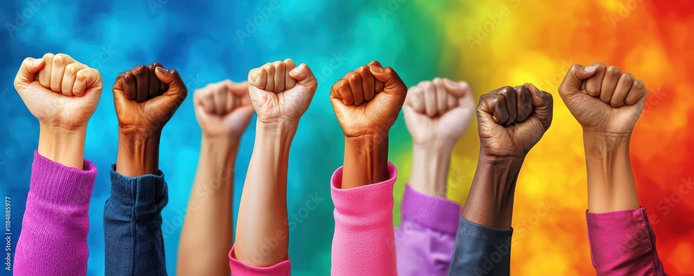 Fototapeta premium Diverse hands raised in unity against a colorful background