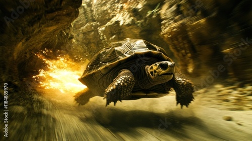 A tortoise in a fast, furious, and surreal speed run through a cave. photo