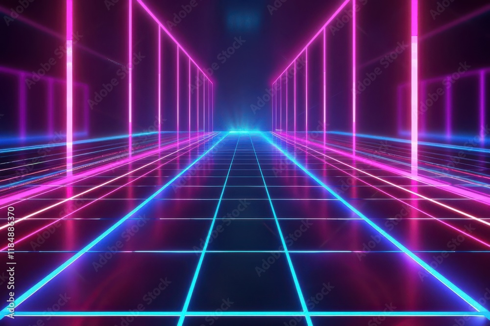 A vibrant, futuristic corridor illuminated by neon lights, creating a digital ambiance. A vibrant, futuristic corridor illuminated by neon lights, creating a digital ambiance.