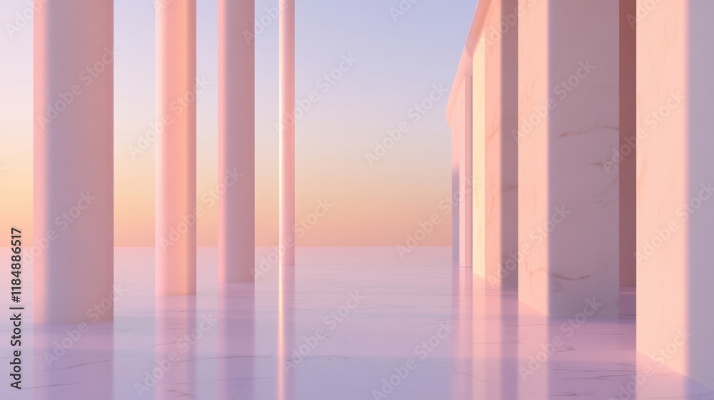Fototapeta premium Modern architectural design with columns at sunset reflection