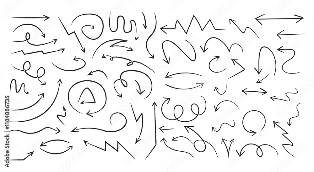 Naklejka premium Arrow on isolated white background. Hand drawn wavy arrows. Set of different pointers. Black and white illustration