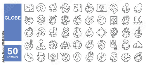 Set of 50 line icons related to globe, world, earth, map, geography, sphere, navigation, planet, global, Editable stroke. Vector illustration