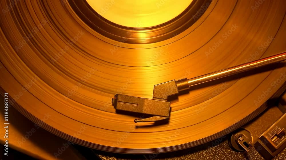 Old vinyl record playing on turntable, closeup view