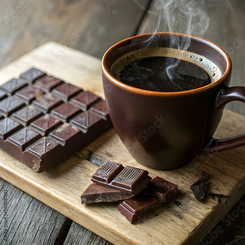 aromatic dark hot beverage steaming in a brown cup photo