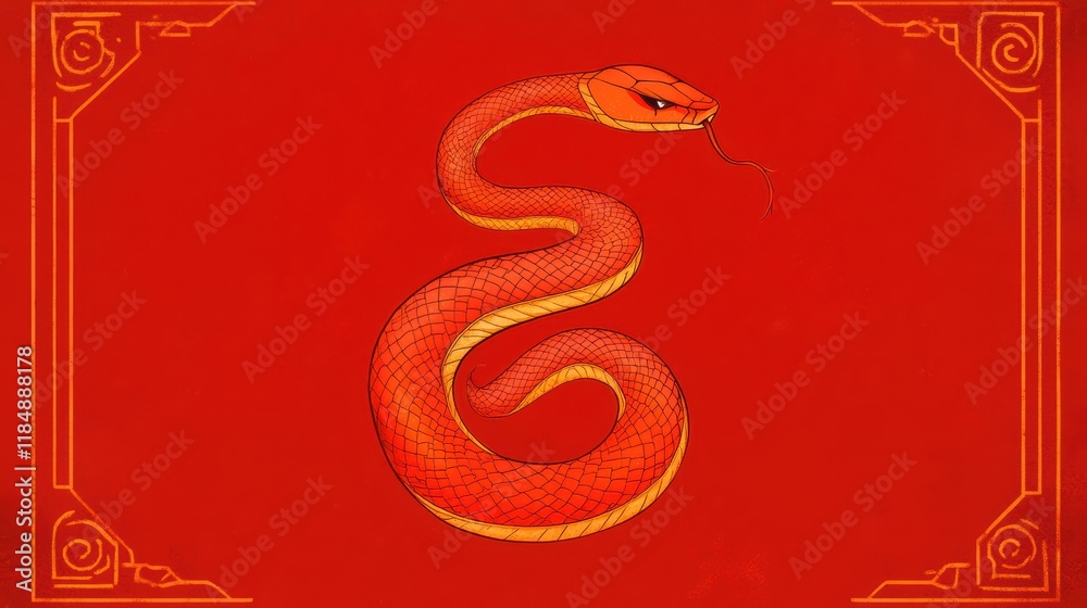 Obraz premium Red snake illustration on bold red background with decorative border